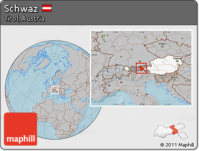 Gray Location Map of Schwaz, highlighted country, highlighted parent region, hill shading