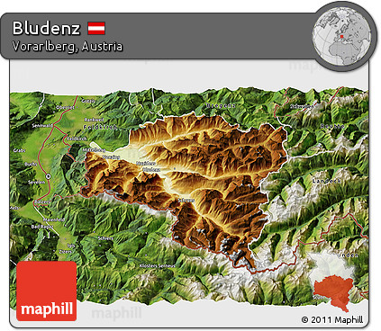 Physical 3D Map of Bludenz, satellite outside