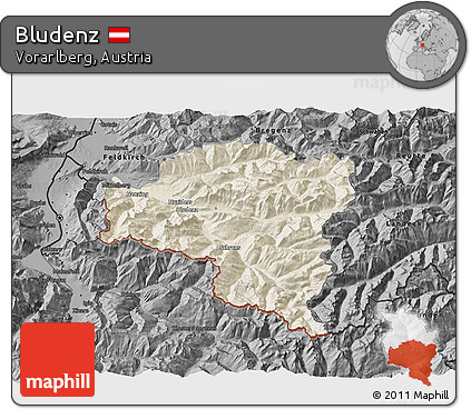 Shaded Relief 3D Map of Bludenz, darken, desaturated