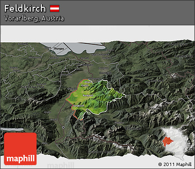 Satellite 3D Map of Feldkirch, darken, semi-desaturated