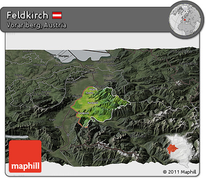 Satellite 3D Map of Feldkirch, darken, semi-desaturated