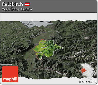 Satellite 3D Map of Feldkirch, darken, semi-desaturated
