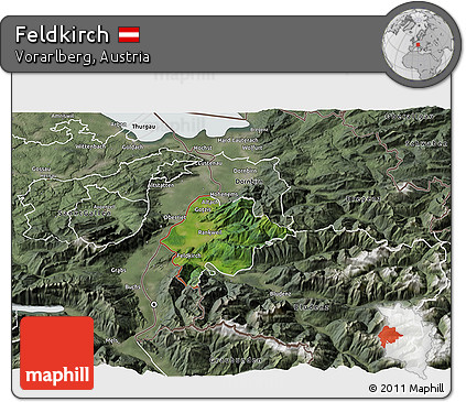 Satellite 3D Map of Feldkirch, semi-desaturated