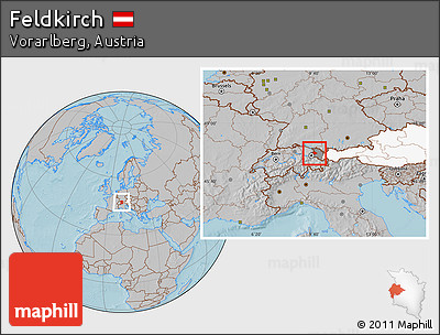 Gray Location Map of Feldkirch, highlighted country, highlighted parent region, hill shading