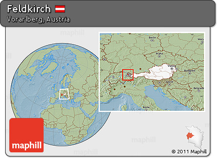 Savanna Style Location Map of Feldkirch, highlighted country, highlighted parent region, within the entire country, hill shading