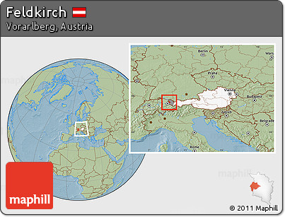 Savanna Style Location Map of Feldkirch, highlighted country, highlighted parent region, within the entire country, hill shading