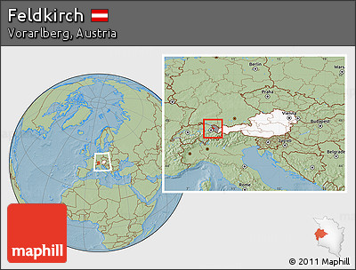 Savanna Style Location Map of Feldkirch, highlighted country, highlighted parent region, within the entire country, hill shading