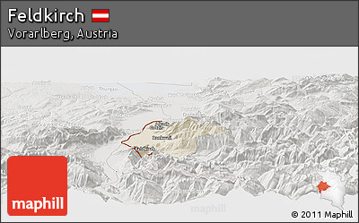Shaded Relief Panoramic Map of Feldkirch, lighten, semi-desaturated
