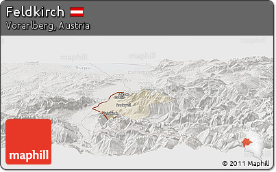 Shaded Relief Panoramic Map of Feldkirch, lighten, semi-desaturated