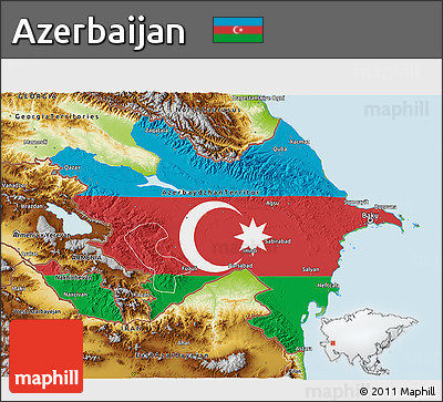 Flag 3D Map of Azerbaijan, physical outside, bathymetry sea, flag centered