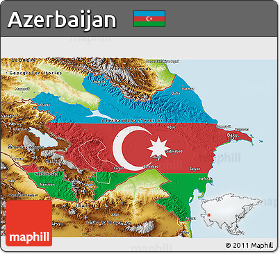 Flag 3D Map of Azerbaijan, physical outside, bathymetry sea, flag centered