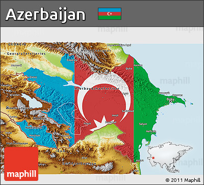Flag 3D Map of Azerbaijan, physical outside, bathymetry sea, flag aligned to the middle