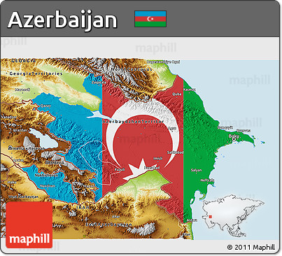 Flag 3D Map of Azerbaijan, physical outside, bathymetry sea, flag aligned to the middle