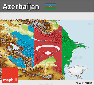 Flag 3D Map of Azerbaijan, physical outside, bathymetry sea, flag rotated