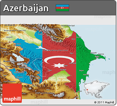Flag 3D Map of Azerbaijan, physical outside, flag rotated