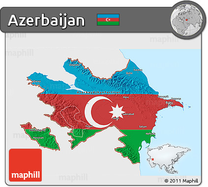 Flag 3D Map of Azerbaijan, single color outside, bathymetry sea, flag centered