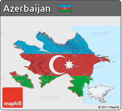 Flag 3D Map of Azerbaijan, single color outside, bathymetry sea, flag centered