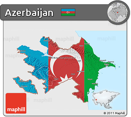 Flag 3D Map of Azerbaijan, single color outside, bathymetry sea, flag aligned to the middle