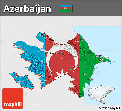 Flag 3D Map of Azerbaijan, single color outside, bathymetry sea, flag aligned to the middle