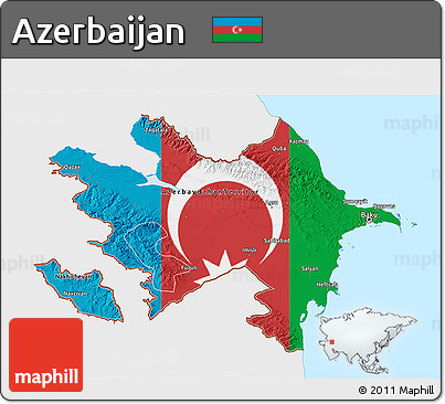 Flag 3D Map of Azerbaijan, single color outside, bathymetry sea, flag aligned to the middle