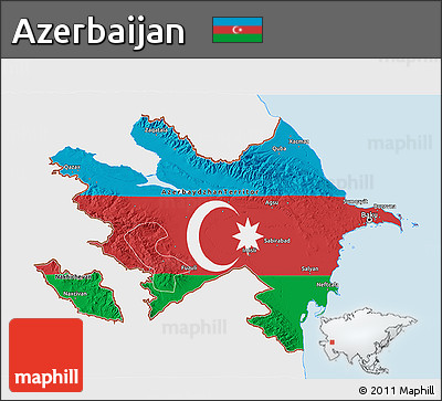 Flag 3D Map of Azerbaijan, single color outside, bathymetry sea, shaded relief sea
