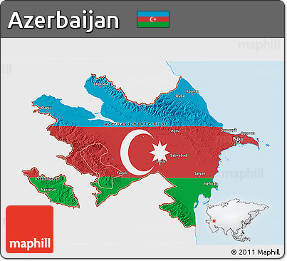 Flag 3D Map of Azerbaijan, single color outside, bathymetry sea, shaded relief sea