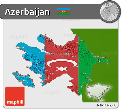 Flag 3D Map of Azerbaijan, single color outside, shaded relief sea, flag rotated