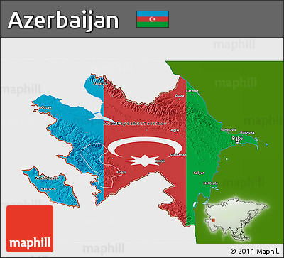 Flag 3D Map of Azerbaijan, single color outside, shaded relief sea, flag rotated