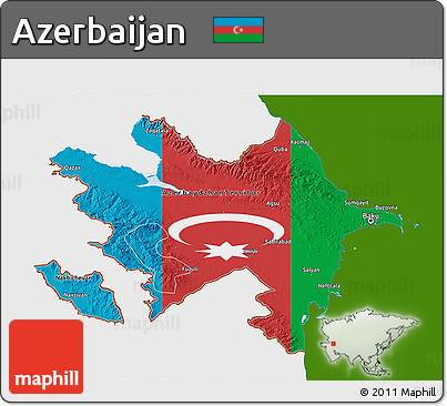 Flag 3D Map of Azerbaijan, single color outside, shaded relief sea, flag rotated