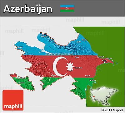 Flag 3D Map of Azerbaijan, single color outside, shaded relief sea
