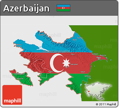 Flag 3D Map of Azerbaijan, single color outside, shaded relief sea
