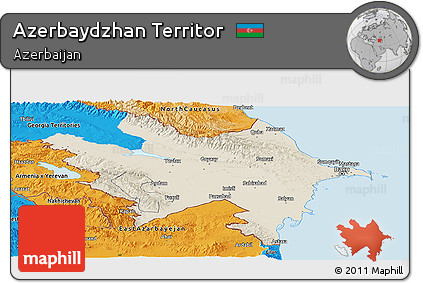 Shaded Relief Panoramic Map of Azerbaydzhan Territor, political outside
