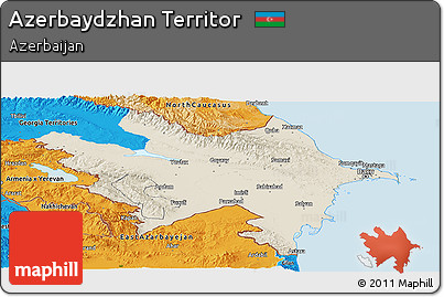 Shaded Relief Panoramic Map of Azerbaydzhan Territor, political outside