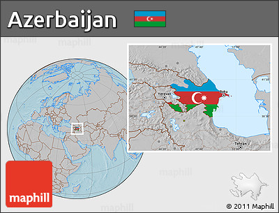 Flag Location Map of Azerbaijan, gray outside, hill shading outside