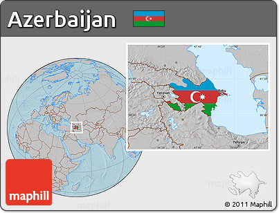 Flag Location Map of Azerbaijan, gray outside, hill shading outside