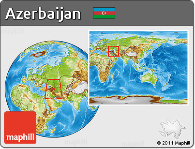 Physical Location Map of Azerbaijan, within the entire continent