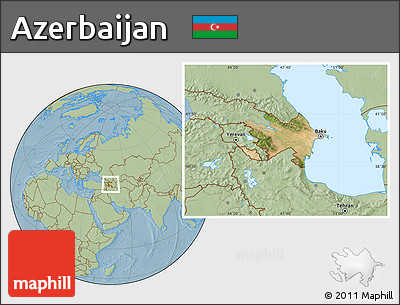 Satellite Location Map of Azerbaijan, savanna style outside, hill shading