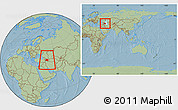 Savanna Style Location Map of Azerbaijan, within the entire continent, hill shading