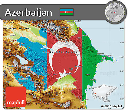 Flag Map of Azerbaijan, physical outside, flag aligned to the middle