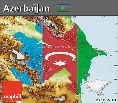 Flag Map of Azerbaijan, physical outside, flag rotated