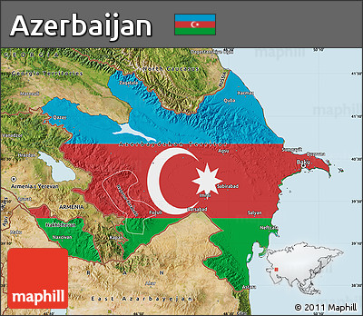 Flag Map of Azerbaijan, satellite outside, bathymetry sea, flag centered