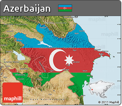 Flag Map of Azerbaijan, satellite outside, bathymetry sea, flag centered