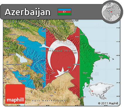 Flag Map of Azerbaijan, satellite outside, flag aligned to the middle