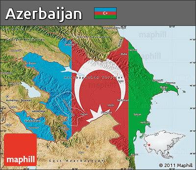 Flag Map of Azerbaijan, satellite outside, flag aligned to the middle