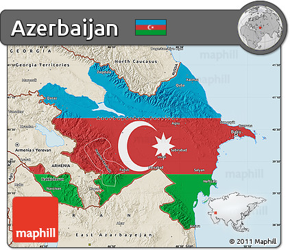 Flag Map of Azerbaijan, shaded relief outside, bathymetry sea, flag centered