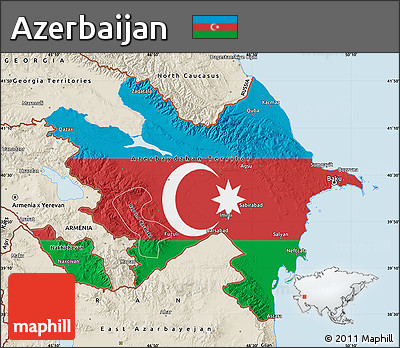Flag Map of Azerbaijan, shaded relief outside, bathymetry sea, flag centered
