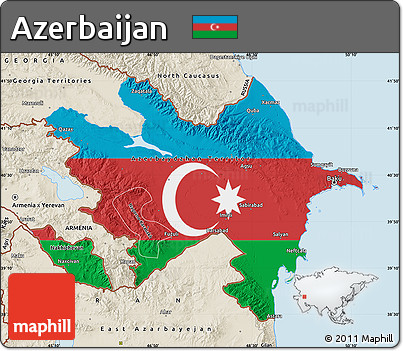 Flag Map of Azerbaijan, shaded relief outside, bathymetry sea, flag centered