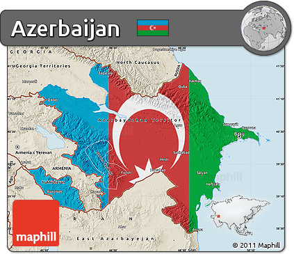 Flag Map of Azerbaijan, shaded relief outside, bathymetry sea, flag aligned to the middle