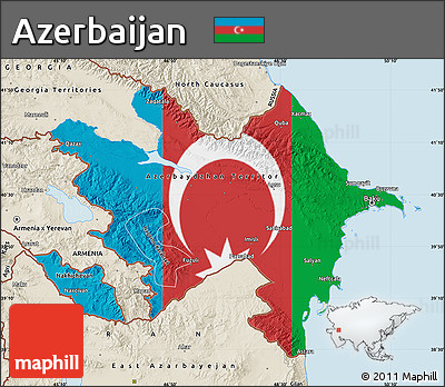 Flag Map of Azerbaijan, shaded relief outside, bathymetry sea, flag aligned to the middle
