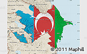 Flag Map of Azerbaijan, shaded relief outside, flag aligned to the middle